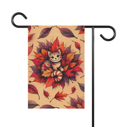 Porch or Yard Flag / Garden Banner - Whimsical Autumn Kitty in Leaves