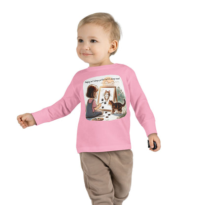 Toddler Long Sleeve Tee - Whimsical Cat Portrait Shirt for Kids, Playful Artistic Unisex Top, Soft