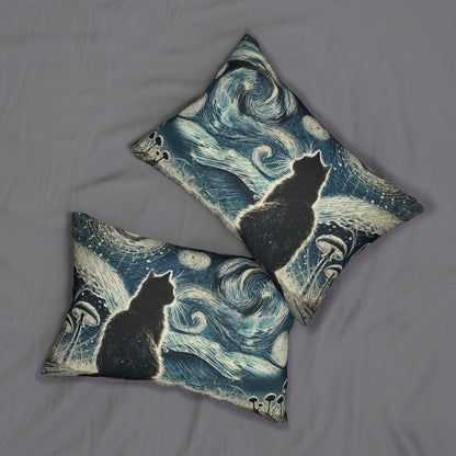 Lumbar Pillow - Enchanted Night with Black Cat and Whimsical Clouds