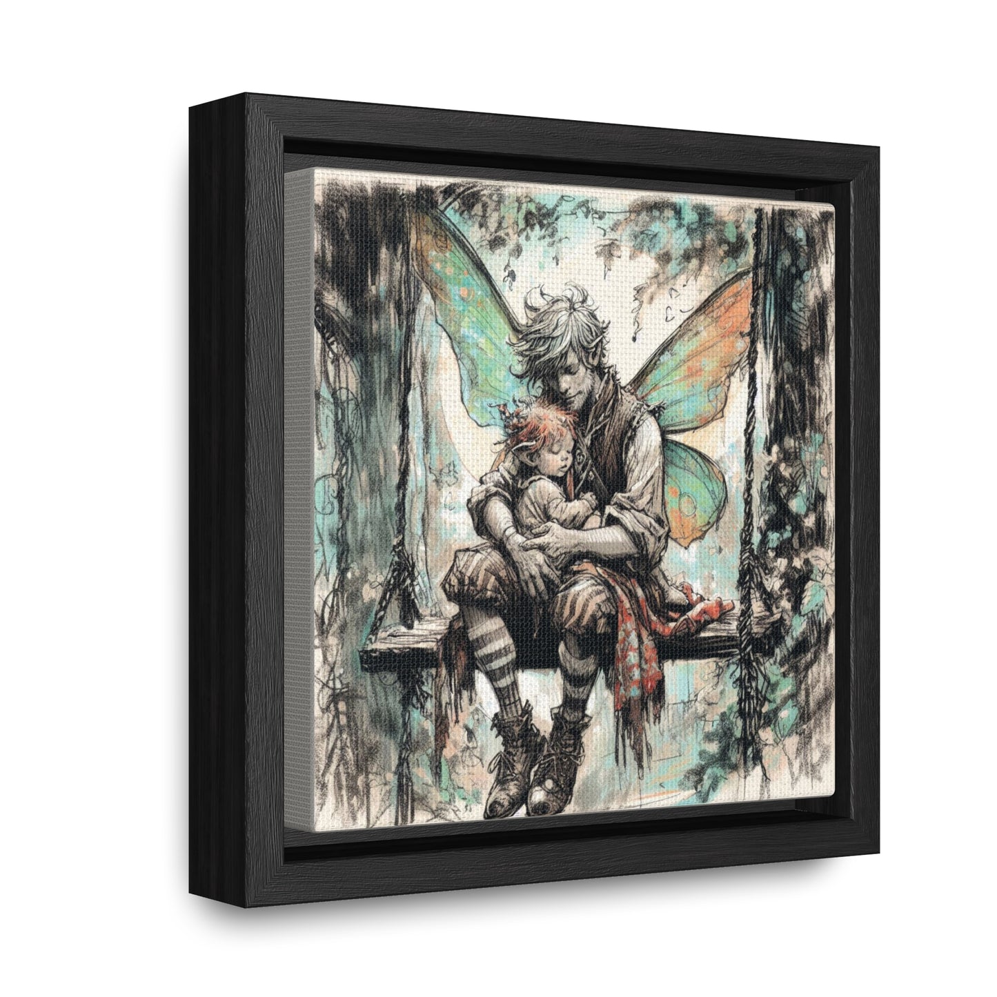 Daddy and Baby Fairy on Swing Gallery Wrapped Canvas Print - Sweet Fatherly Bond Wall Art for Nurseries or Child's Bedroom