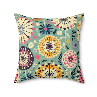 Retro 50s Dandelion Faux Suede Square Pillow - Teal with Pink, Yellow & Navy Accents - Soft Throw Pillow,  Granny Chic Decor