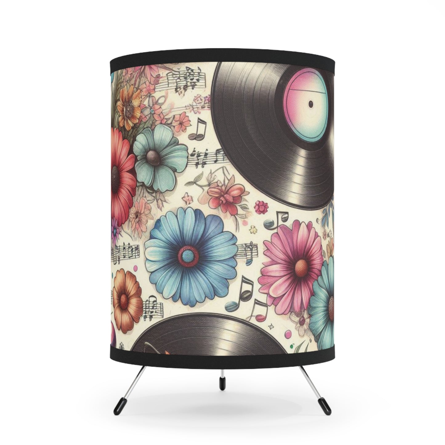 Retro Record & Flower Tripod Lamp - 50s & 60s Inspired Lighting for Cozy Living Spaces - Bold, All-Over Print