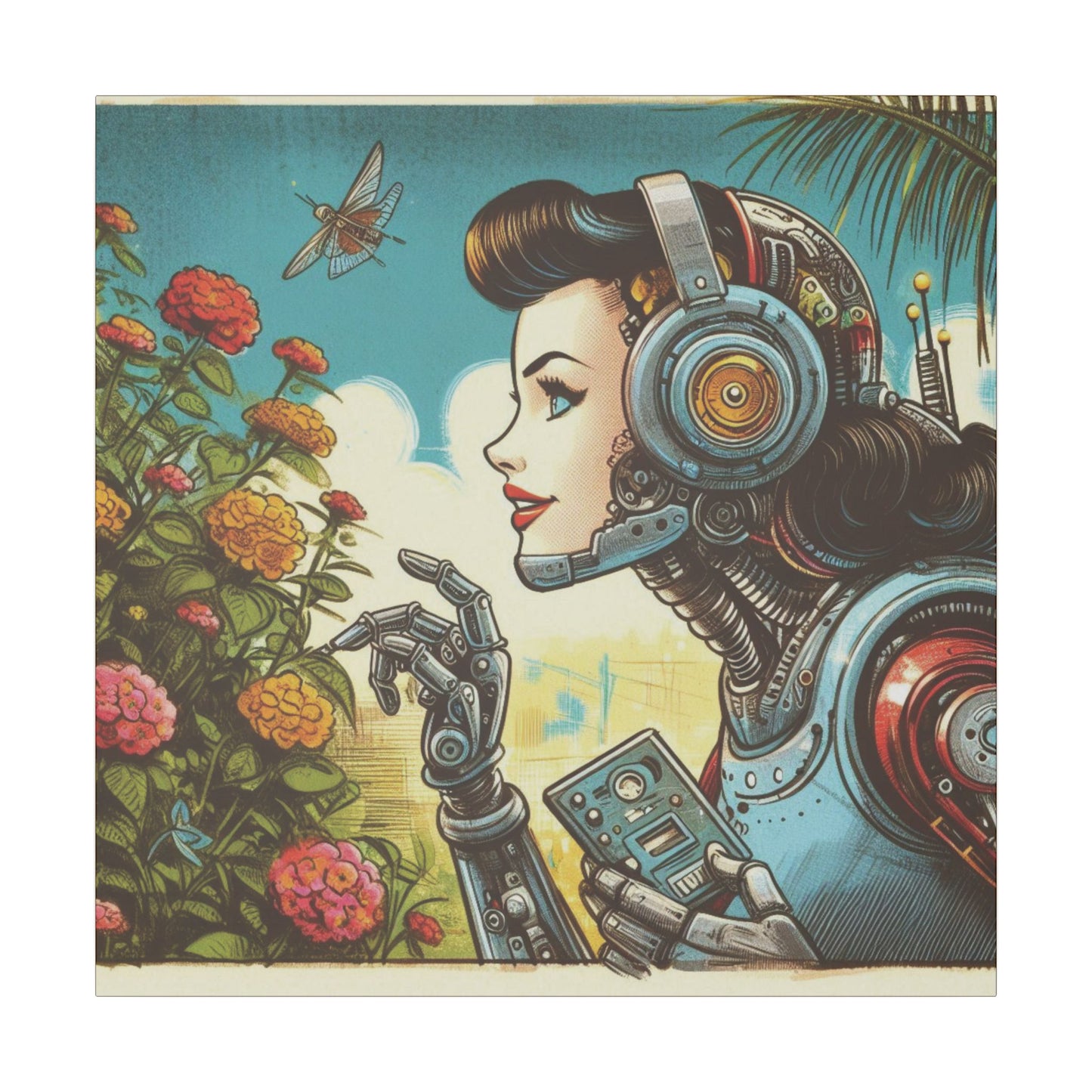 Canvas Print - Retro-Futuristic Female Robot Admiring Flowers, Graphic Novel Style Design, 60s 70s 80s Film Inspired