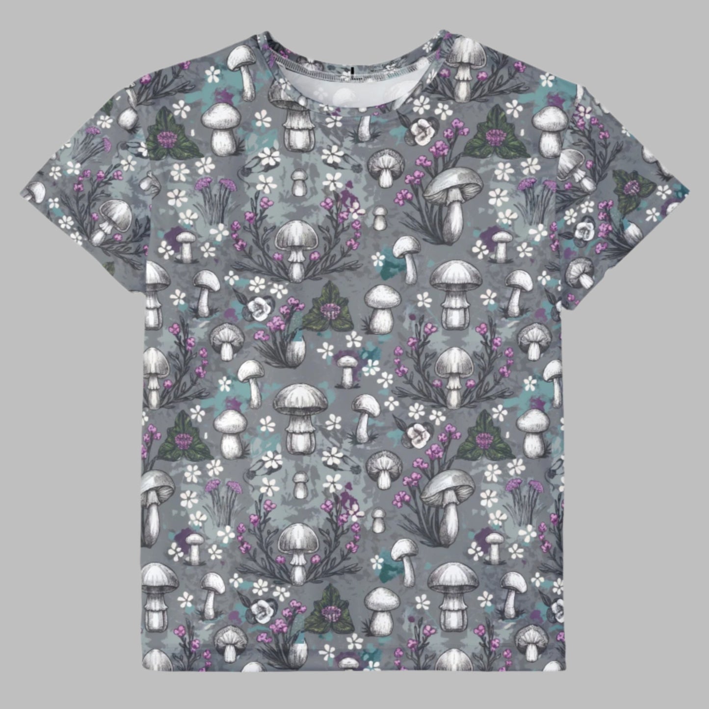 Youth Jersey Style Top - Woodland Mushrooms & Purple Florals, Enchanting Nature-Inspired Playwear