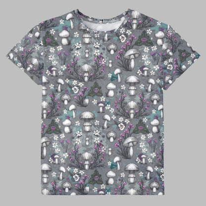 Youth Jersey Style Top - Woodland Mushrooms & Purple Florals, Enchanting Nature-Inspired Playwear