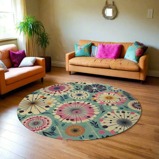 Retro Dandelion Design Chenille Area Rug - 60" × 60" Round Rug in Teal, Pink, Cream, and Orange - Soft & Durable, Granny Chic Vibes