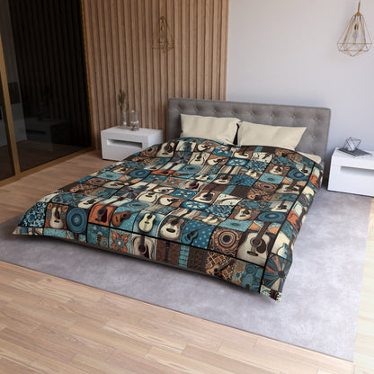 Duvet Cover - Acoustic Guitar Patchwork in Blue & Brown Hues