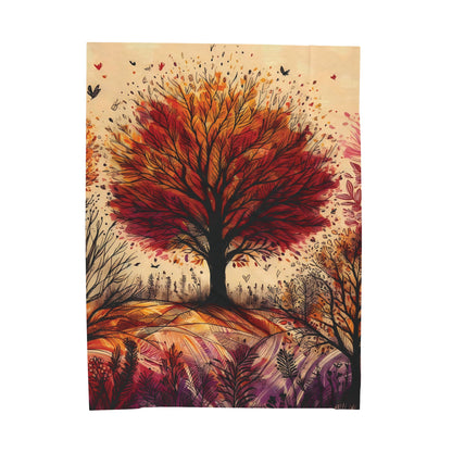 Velveteen Plush Autumn Blanket - Vibrant Tree on a Hill