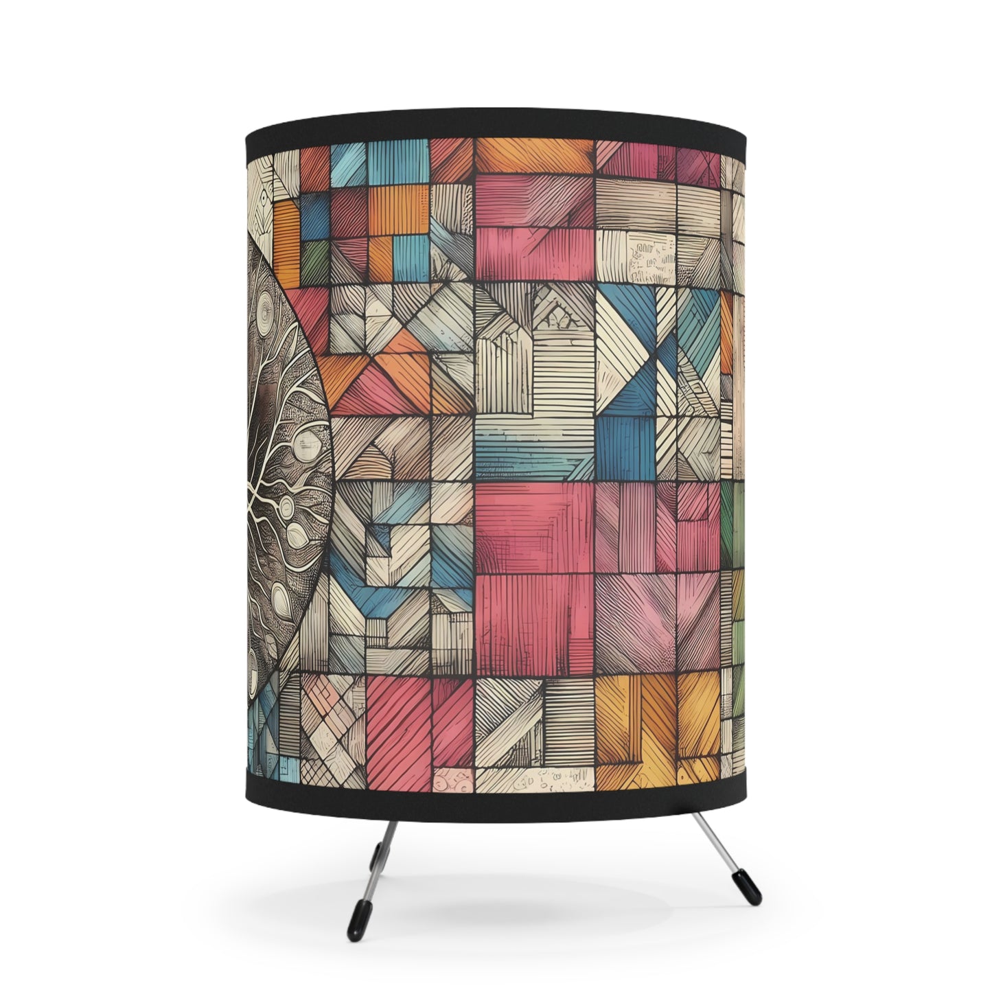 Tree of Life Patchwork Tripod Lamp - Soft Light Table or Desk Lamp with Sketched Tree Surrounded by Rainbow Colors