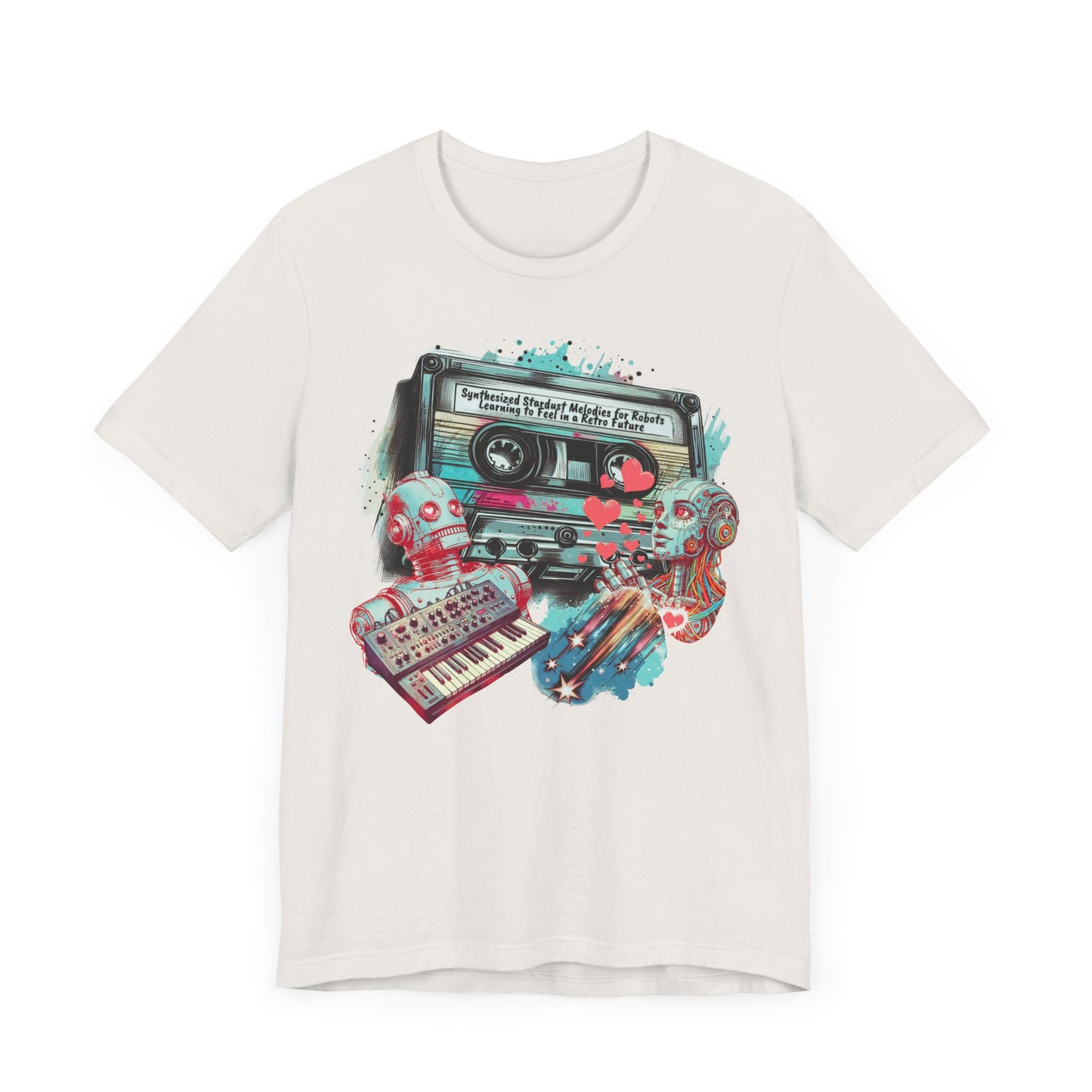 Mixtape T-Shirt - "Synthesized Stardust Melodies" Collage, Unisex Tee with Retro Cassette Tape Design, Great Gift for Music Lovers