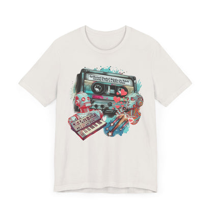 Mixtape T-Shirt - "Synthesized Stardust Melodies" Collage, Unisex Tee with Retro Cassette Tape Design, Great Gift for Music Lovers