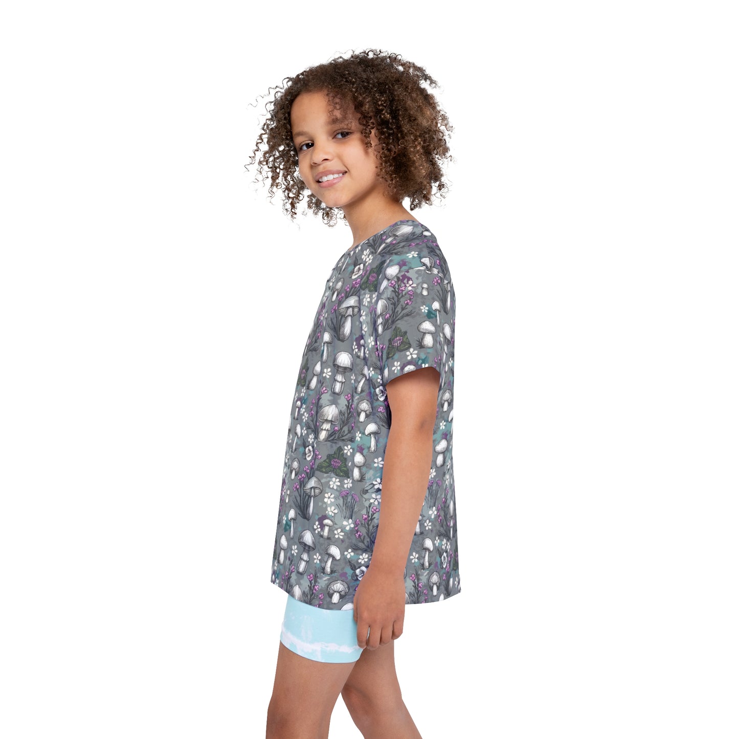 Youth Jersey Style Top - Woodland Mushrooms & Purple Florals, Enchanting Nature-Inspired Playwear