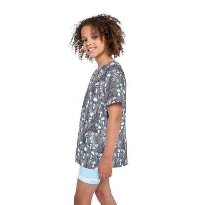 Youth Jersey Style Top - Woodland Mushrooms & Purple Florals, Enchanting Nature-Inspired Playwear