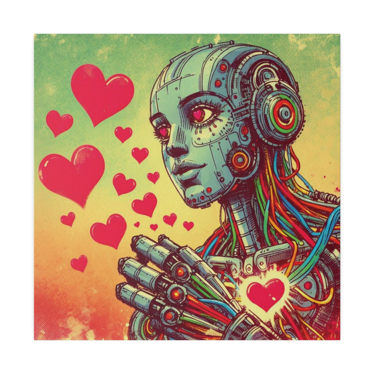 Retro-Futuristic Robot Love Matte Canvas – Graphic Novel Style Sketch, Vibrant Wall Art