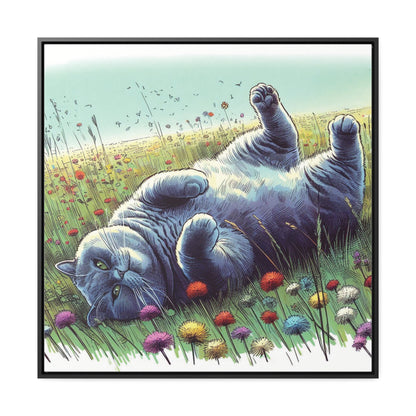 Gray Cat Lounging in Floral Field Gallery-Wrapped Canvas - Cat Lover Gift, Decor for Child's Room or Nursery, Storybook Style Art