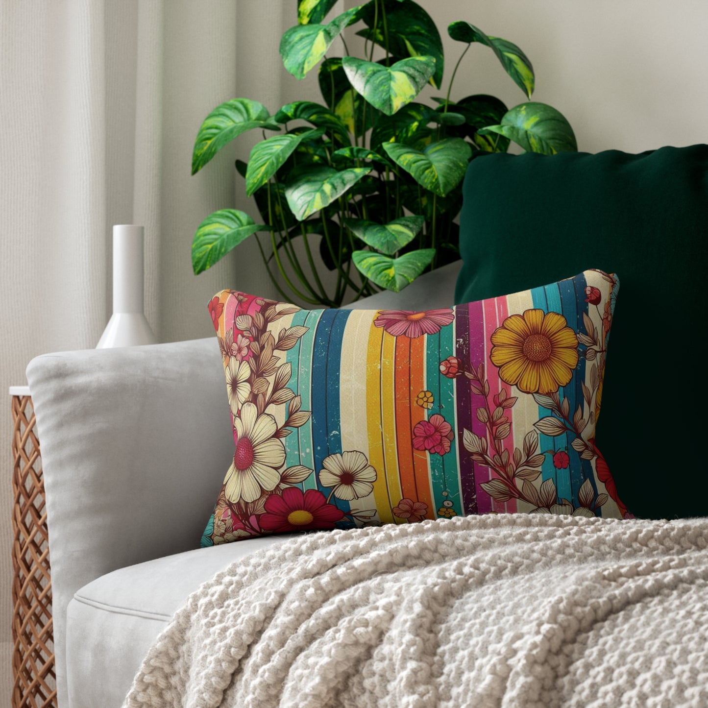 Lumbar Pillow - Retro 70s Inspired Bold Stripes & Nostalgic Florals