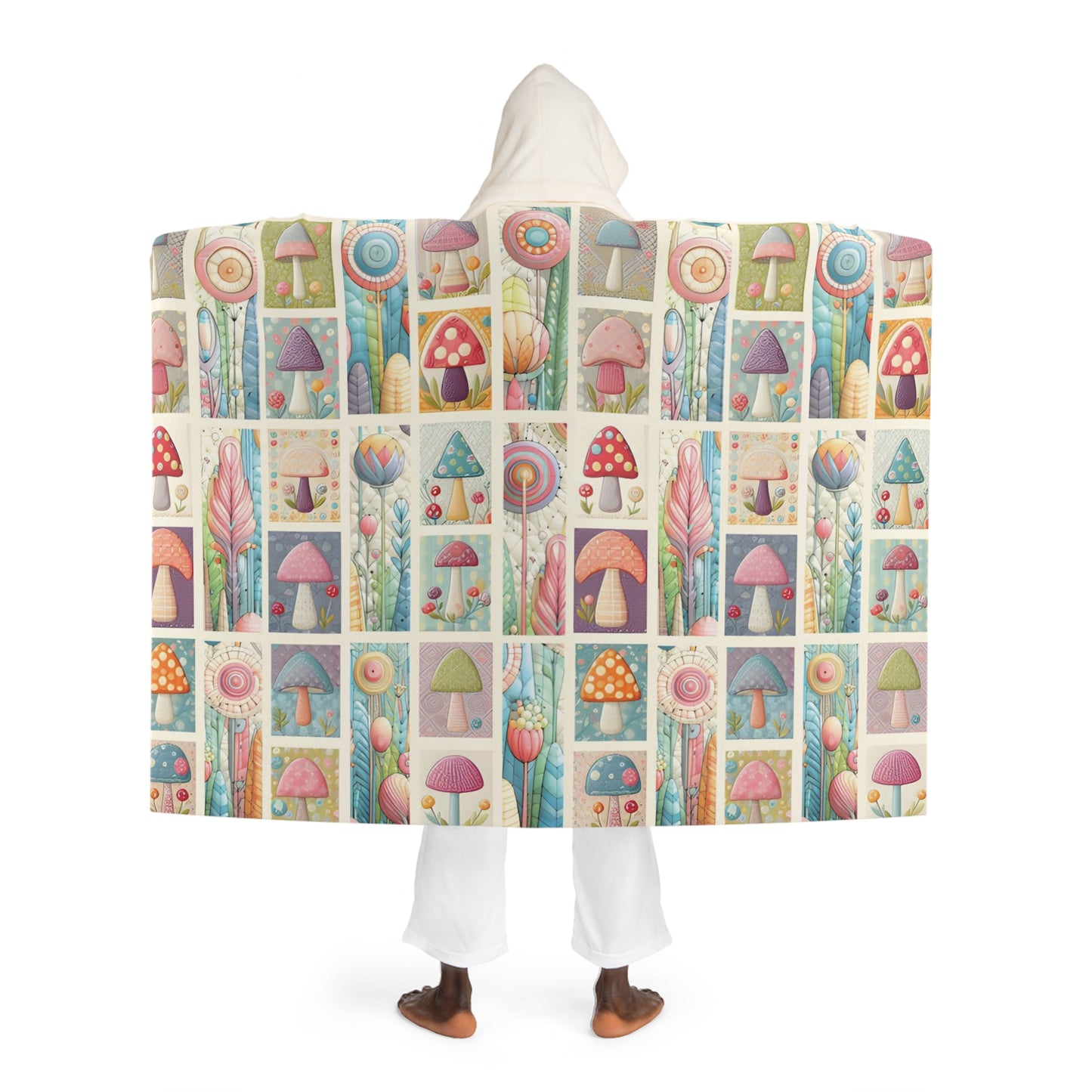 Sherpa Hooded Blanket - Whimsical Pastel Mushroom and Flower Patchwork Design | Fairycore Aesthetic