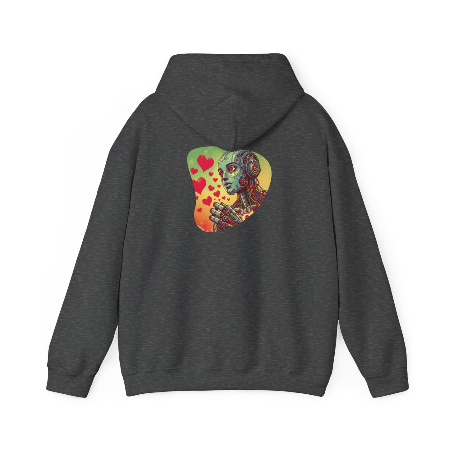 Colorful Whimsical Robot Hearts Hoodie, Retro-Futuristic 80s Print, Unisex Sweatshirt, Fun Thought-Provoking Design, Unique Gift Idea