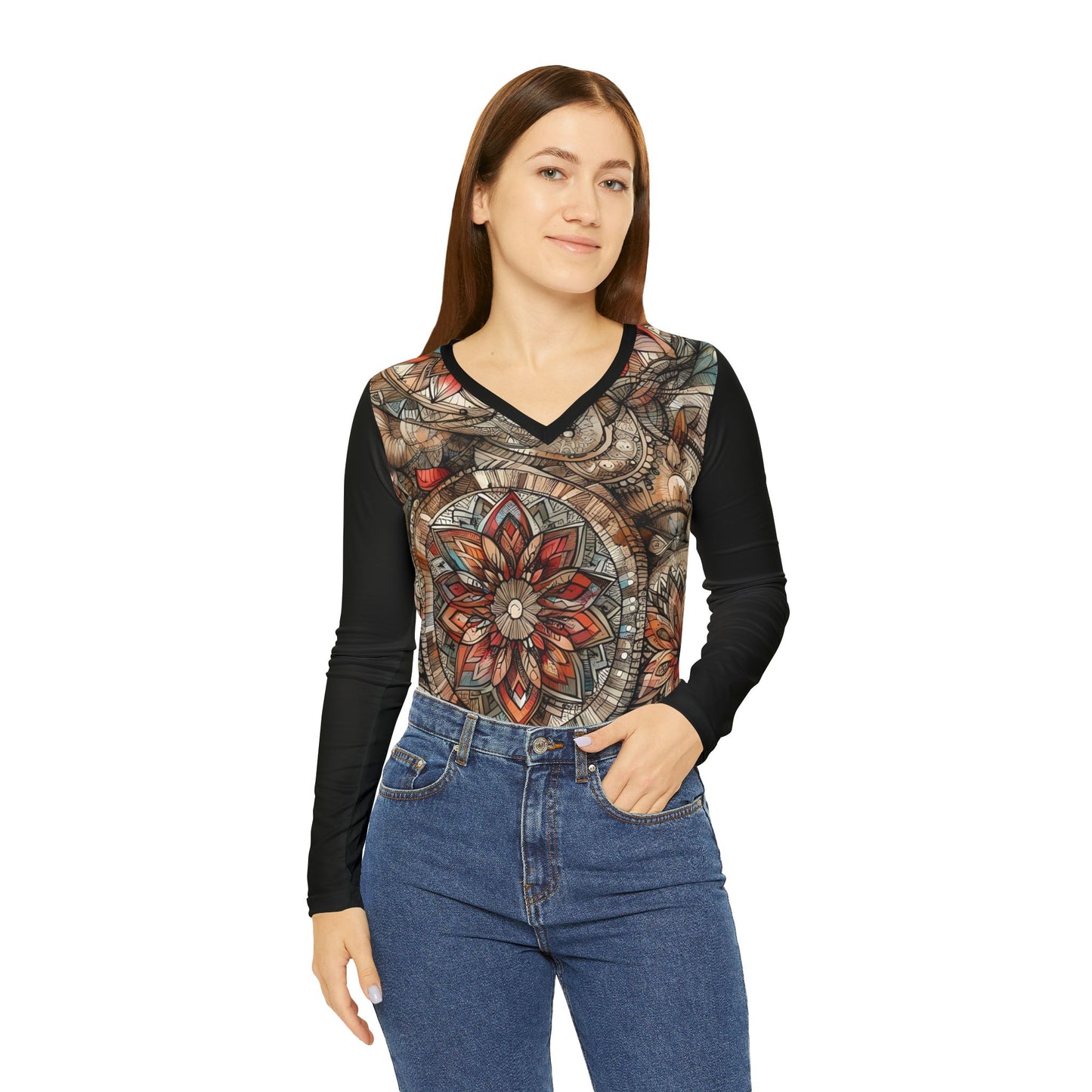 Vibrant Boho Autumn Floral Pattern - Women's Long Sleeve V-neck Shirt