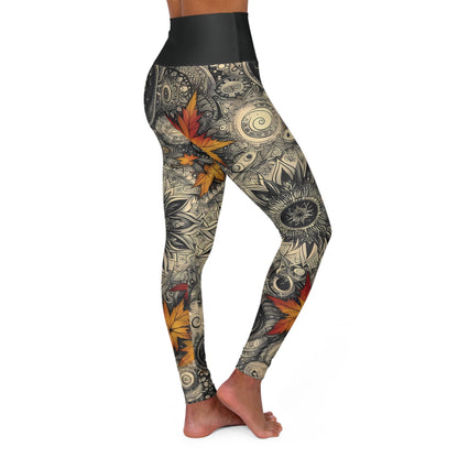 High Waisted Fall Yoga Leggings - Mandala and Autumn Leaves, XS-2XL