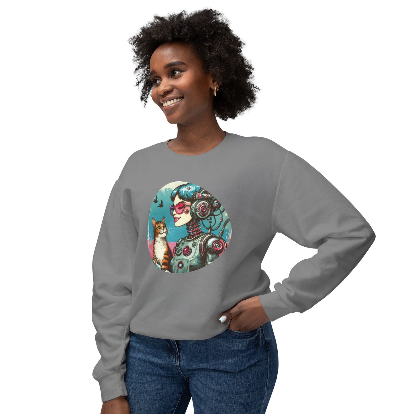 Retro-Futuristic Robot & Cat Sweatshirt - Nostalgic Sci-Fi Style for Cat Lovers & Quirky Fashion Fans