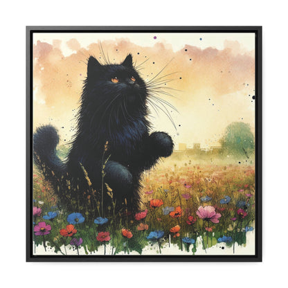 Playful Black Long-Haired Cat Floral Field, Gallery-Wrapped Canvas - Cat Lover Gift, Decor for Child's Room or Nursery