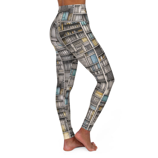 Whimsical Library Book Patchwork High-Waisted Everyday or Yoga Leggings - Yellow and Blue Accents, Stretchy & Comfortable