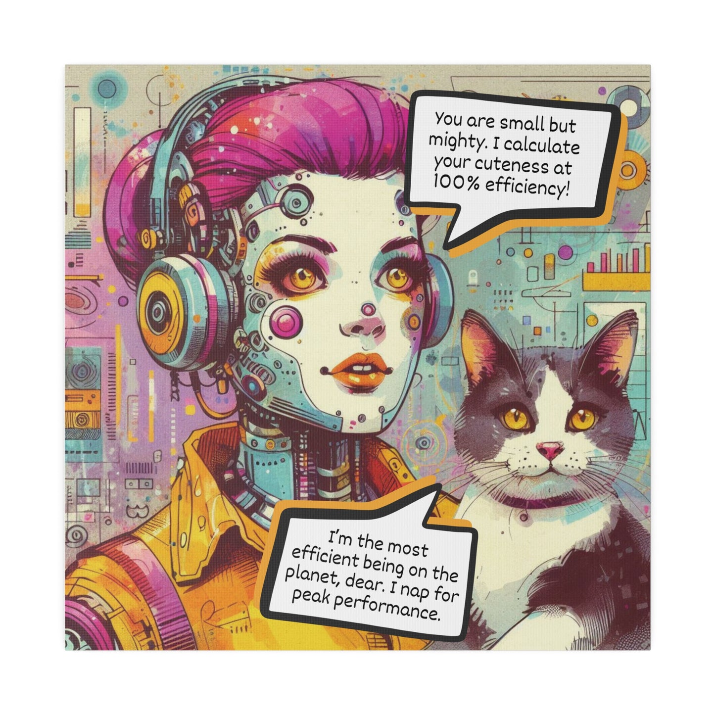 Quirky Robot & Cat Canvas Wall Art - Retro Futuristic Comic Book Style, Whimsical Matte Print for Home Decor