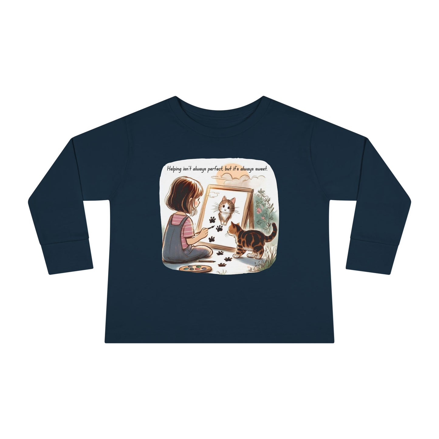 Toddler Long Sleeve Tee - Whimsical Cat Portrait Shirt for Kids, Playful Artistic Unisex Top, Soft