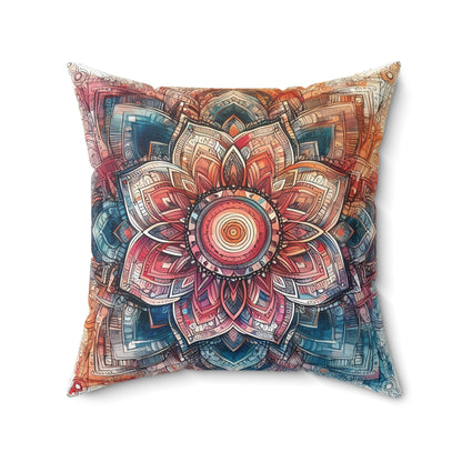 Square Faux Suede Pillow - Boho Floral Mandala, Turquoise, Pink, Orange Tones (Cover + Pillow Included)