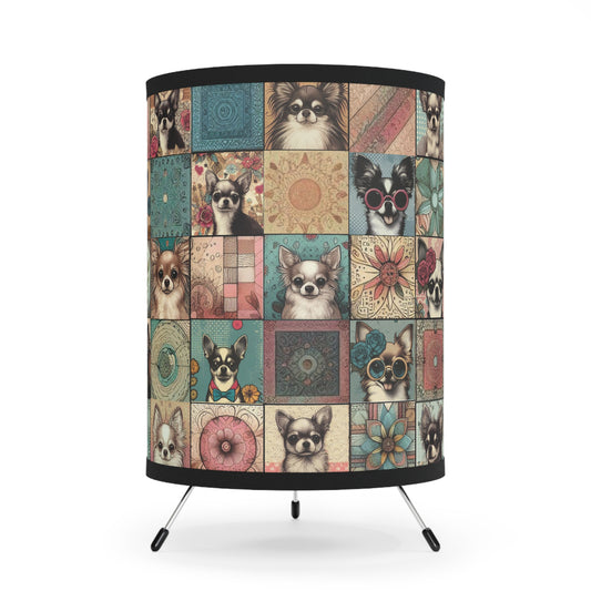 Chihuahua Patchwork Pattern Tripod Lamp - Vibrant Retro Vintage Design - Cozy Lighting for Bedroom and Living Spaces