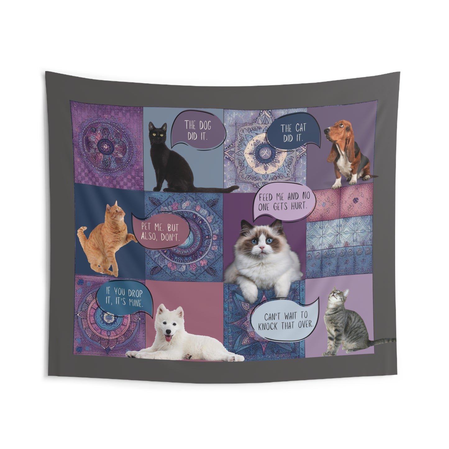 Personalized Pet Tapestry - Custom Patchwork Style Design with Your Pet (or Pets!) and Their Quirky Quotes - Hang, Frame, or Drape