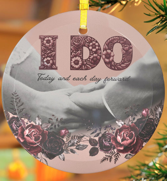 Personalized Glass Ornament with Custom Photo of Couple's Hands - "I Do Today and Each Day Forward," Vintage Victorian Rose