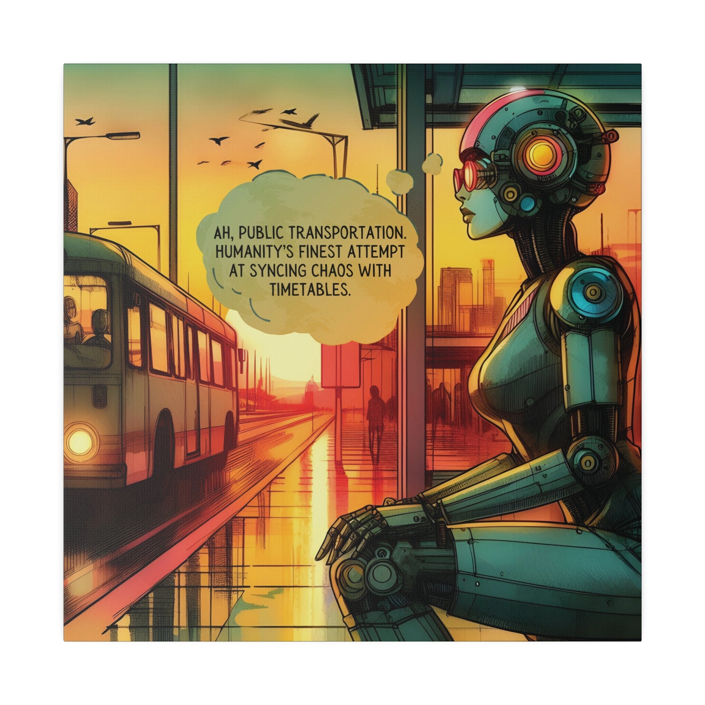 Funny Canvas Print - Retro Sci-Fi Robot Bus Stop Graphic Novel Art, Watercolor Style, Sunset, Moody, Futuristic, Matte Wall Art, Stretched Canvas