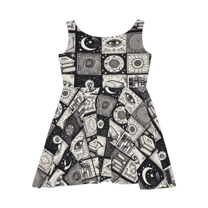 Esoterica Patchwork Dress - Black & White Mystical Pattern with Celestial, Books, and Eye Imagery