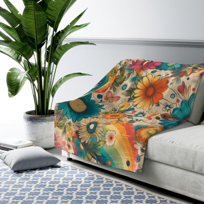 Retro Rainbow Sherpa Fleece Blanket - Whimsical Vintage Flower Design - Great for Living Rooms, Bedding, Outdoor Events, Nurseries