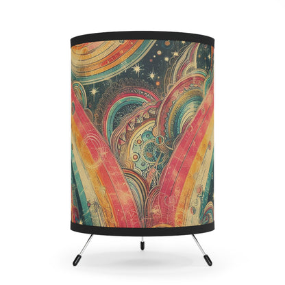 Retro Rainbow Table Lamp - Whimsical Swirly Stripes with Grunge Overlay and Celestial Background - For Office, Kid's Room, Living Space