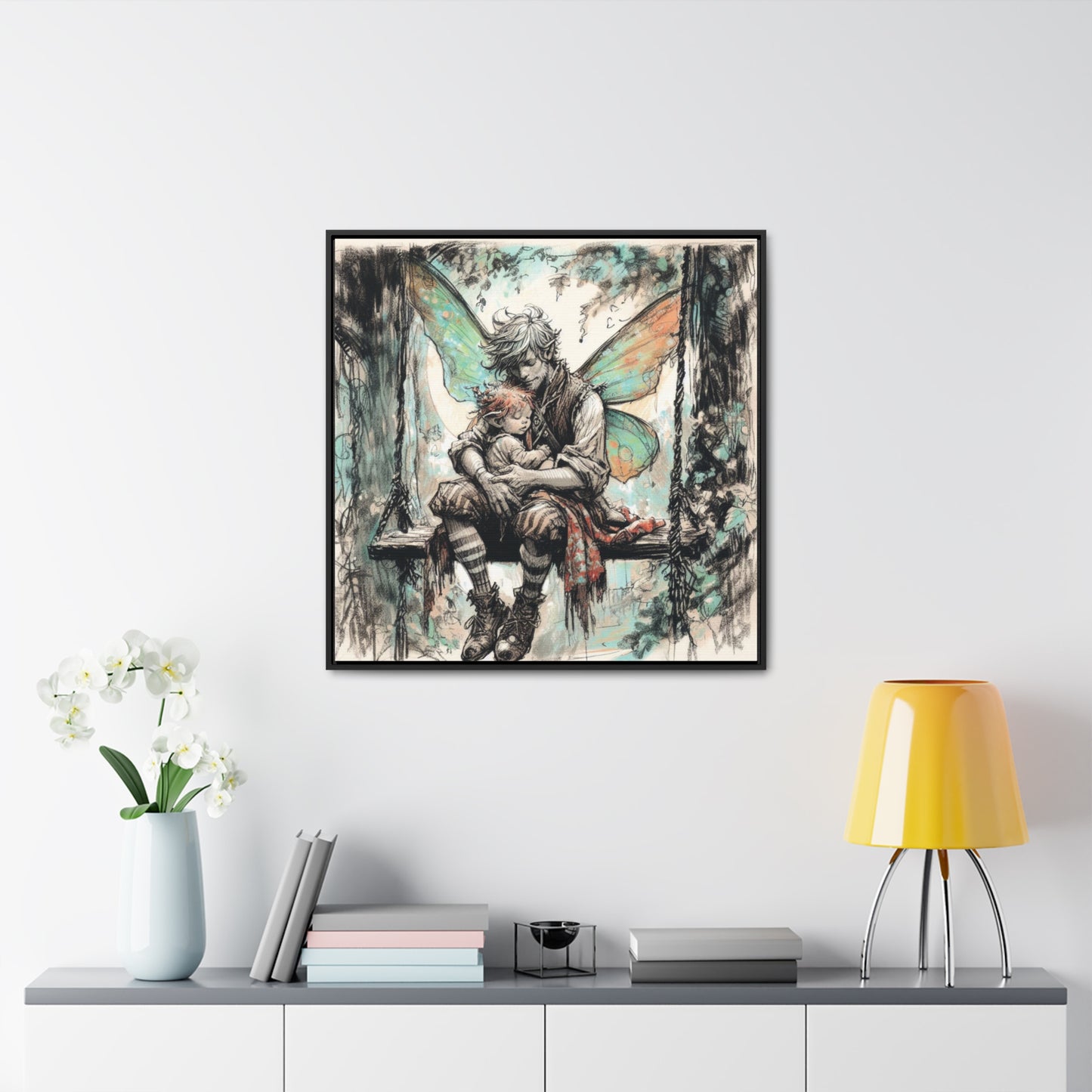 Daddy and Baby Fairy on Swing Gallery Wrapped Canvas Print - Sweet Fatherly Bond Wall Art for Nurseries or Child's Bedroom