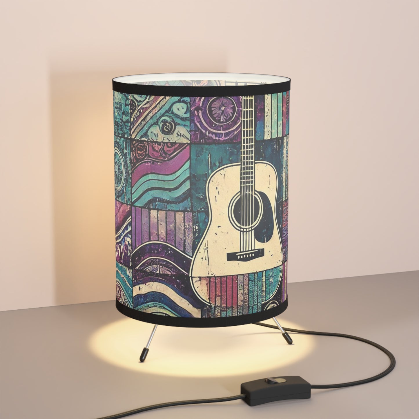 Tripod Table Lamp - Boho Guitar Patchwork in Purple and Blue