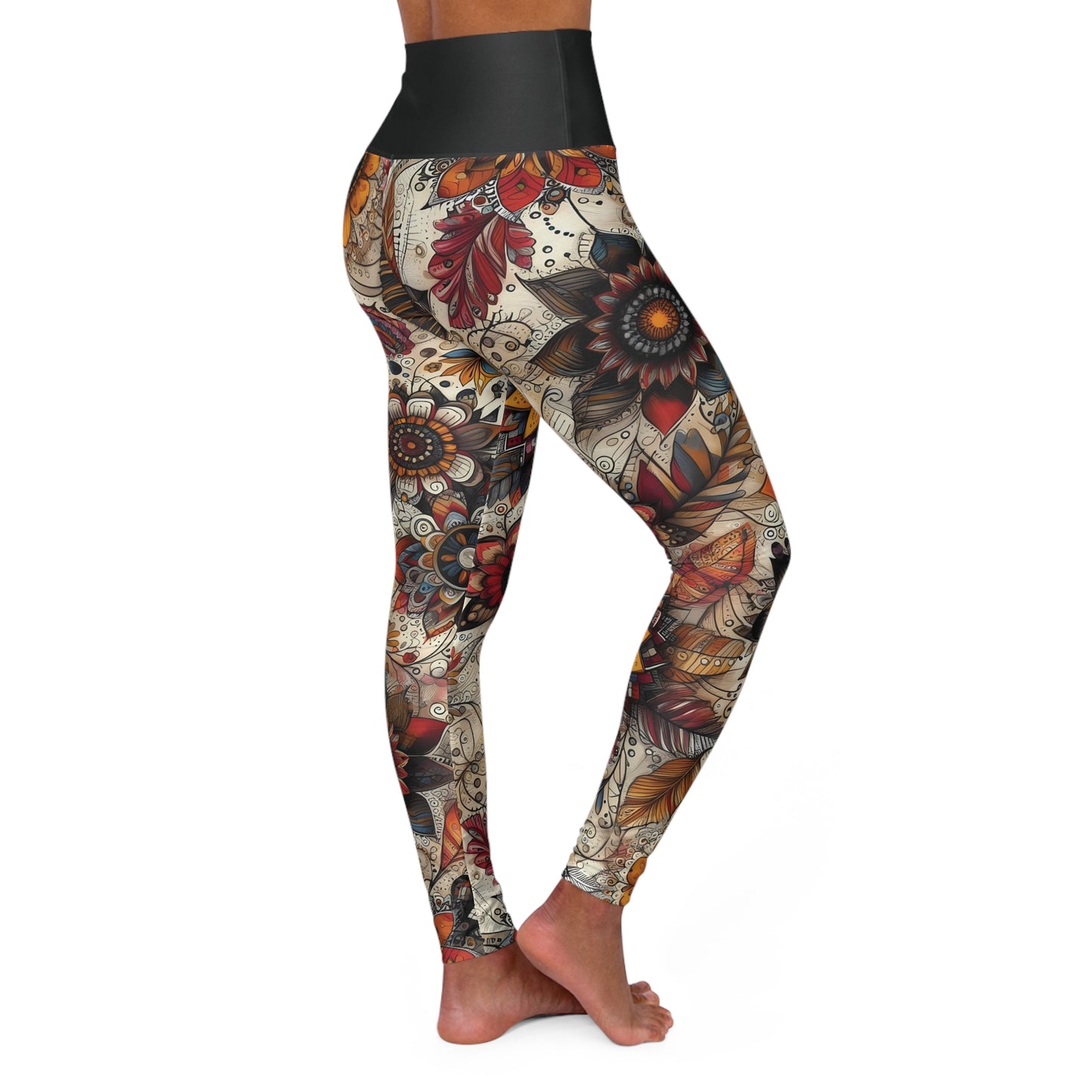 High Waisted Fall Yoga Leggings - Autumn Blossoms, XS-2XL