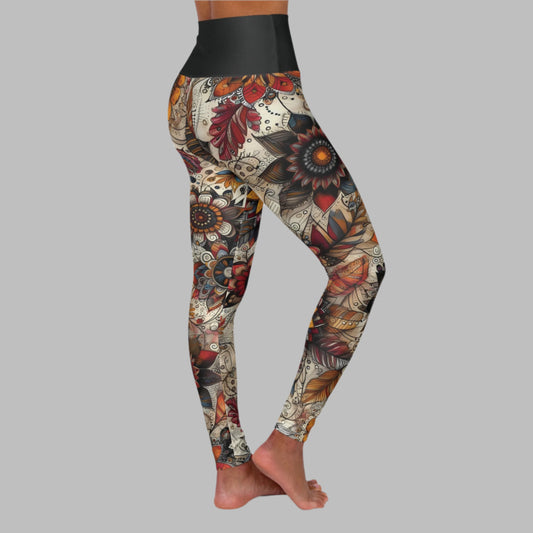 Stretchy High Waisted Yoga/Casual Leggings - Autumn Red, Yellow, & Orange Blossoms