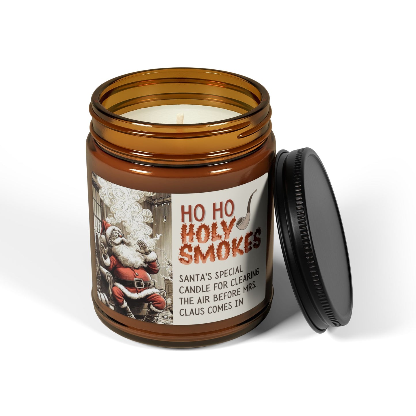 Santa's 'Ho Ho Holy Smokes' Candle  - Funny Christmas Candle with Soy Wax in Amber Jar for Holiday Decor or Gifting