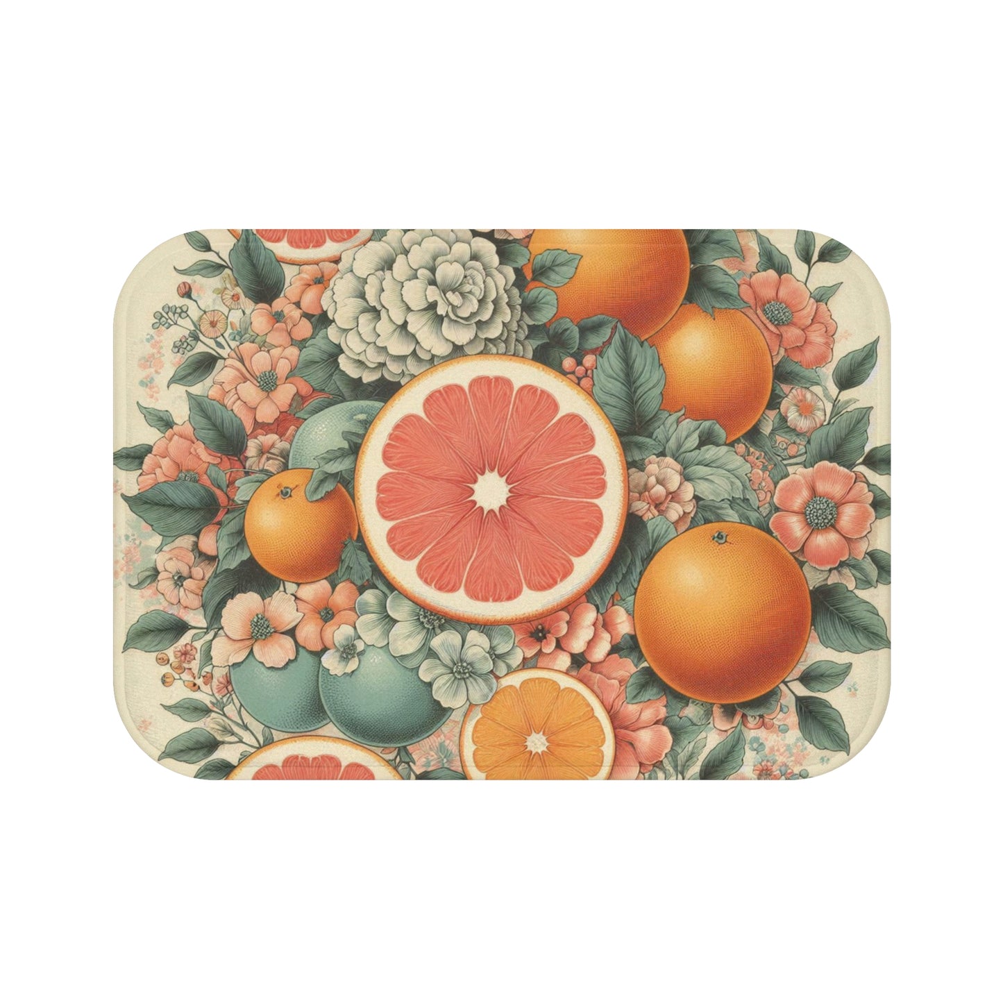 Granny Chic Citrus Bouquet Bath Mat - Fun Retro Grapefruit & Orange Floral Print - Anti-Slip Backing - 100% Microfiber