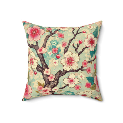 Retro Cherry Blossom Faux Suede Pillow - Bright Pink & Teal Decorative Throw Pillow - Soft Accent Pillow for Sofa, Bed, Lounge