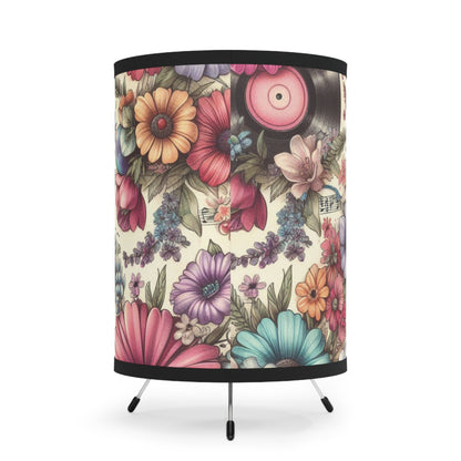 Retro Record & Flower Tripod Lamp - 50s & 60s Inspired Lighting for Cozy Living Spaces - Bold, All-Over Print