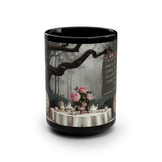 Lewis Carroll Quote Mug, "My Reality Is Just Different" 15oz Black Ceramic Coffee or Tea Cup, Whimsical Wonderland Tea Party Scene