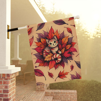 Porch or Yard Flag / Garden Banner - Whimsical Autumn Kitty in Leaves