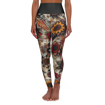 High Waisted Fall Yoga Leggings - Autumn Blossoms, XS-2XL