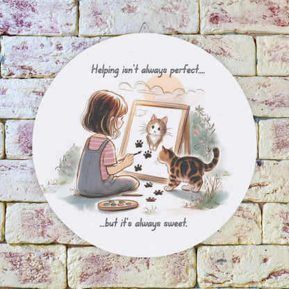 Whimsical Wood Sign – Girl Painting with Cat 'Helping', Cute Decor with Sweet Message: "Helping Isn’t Always Perfect, But It’s Always Sweet"