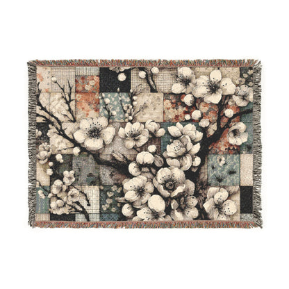 Woven Blanket - Cream Cherry Blossom Patchwork, Romantic Retro Vibes